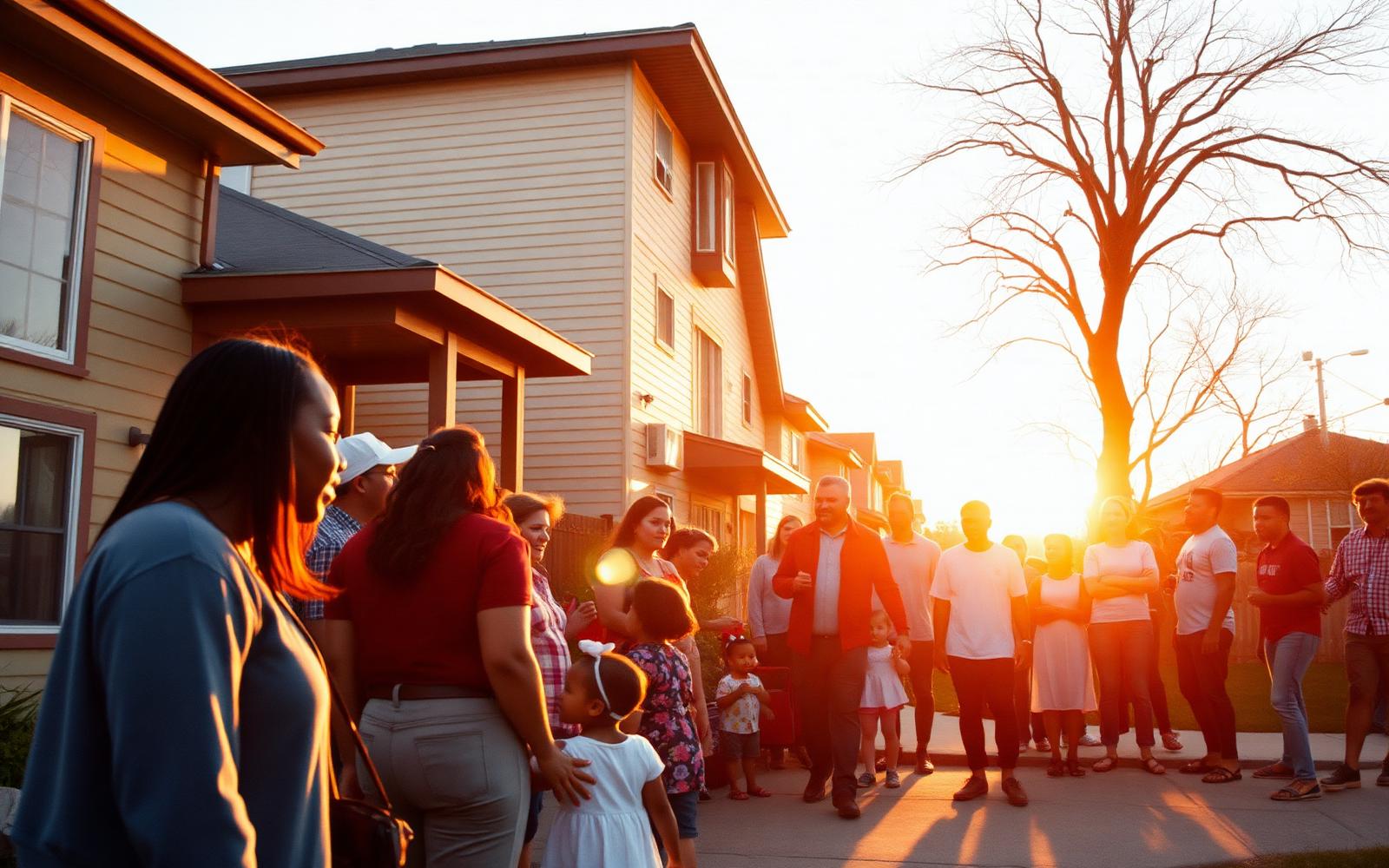 A diverse community gathering outside an affordable housing community at golden hour